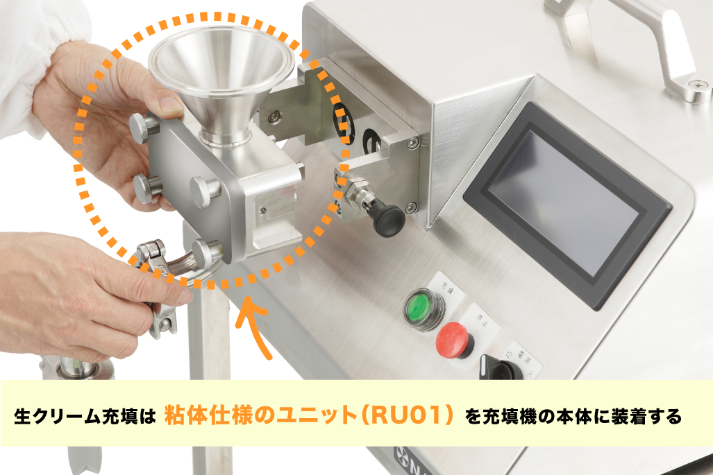 生クリームの充填をするときはパズル充填機の粘体仕様ユニット（RU01）を充填機本体に装着します